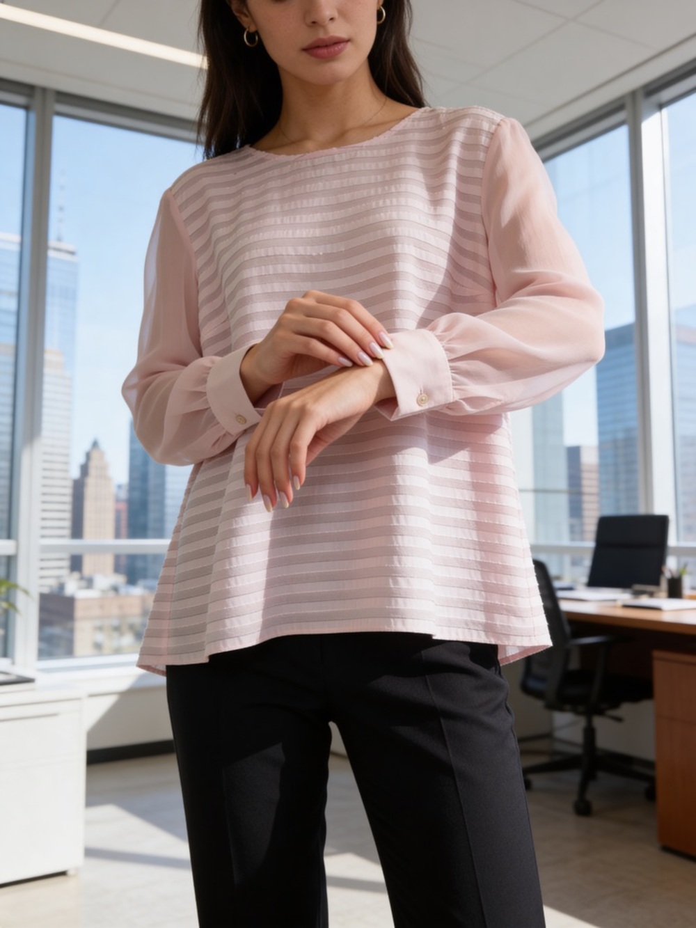 Vince Camuto Blush Pink Sheer Stripe Blouse L Lightweight Dressy Top